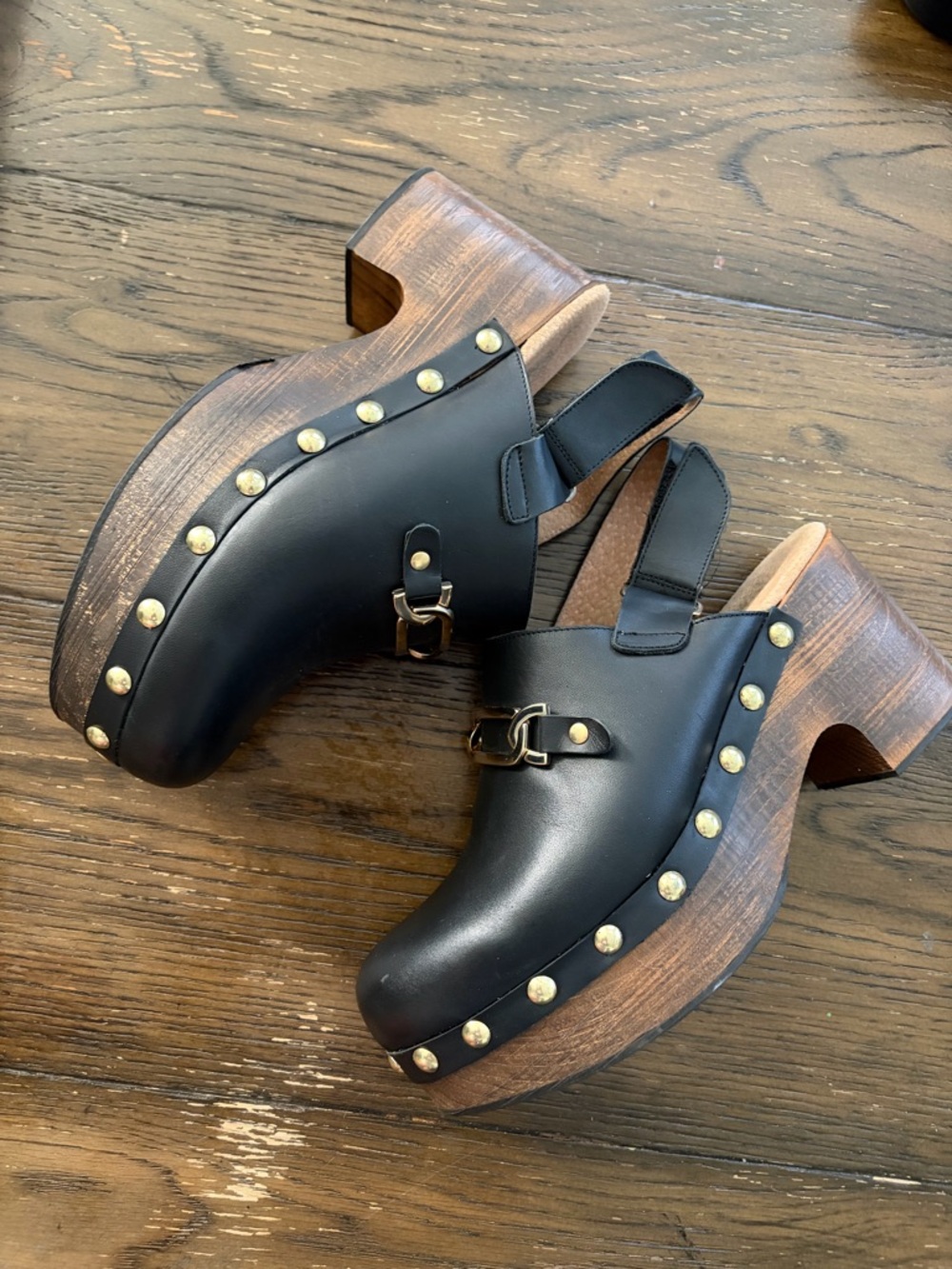 Free People Black Leather Platform Clogs | Studded Wooden Heel | Size 40 - Picture 3 of 10